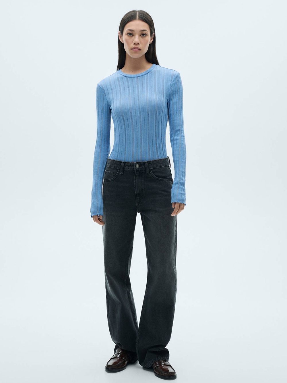 Mango Sky Blue Ribbed Long Sleeve Top